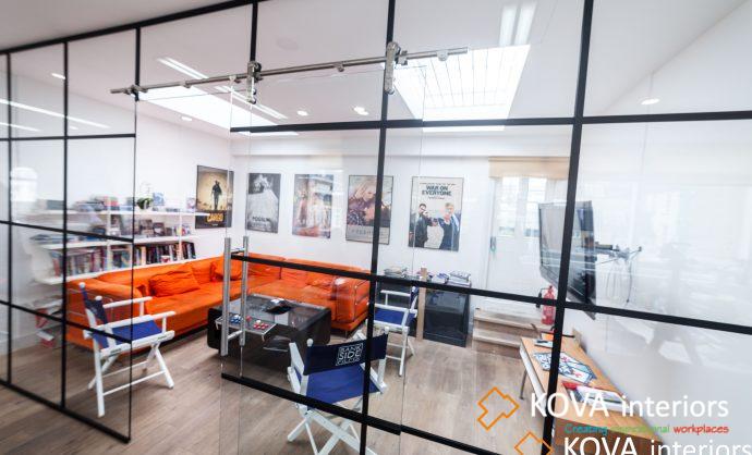 Industrial Style Black Framed Glazed Partition Wall with sliding door