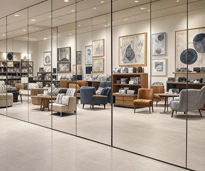 Mirror wall cladding for a showroom- Kova partitions